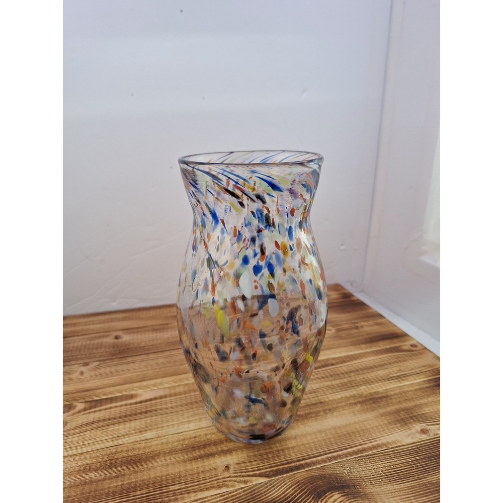 Art Glass Vase Confetti 8" X 3.5" Heavy Thick Pontil‎ Hand Made